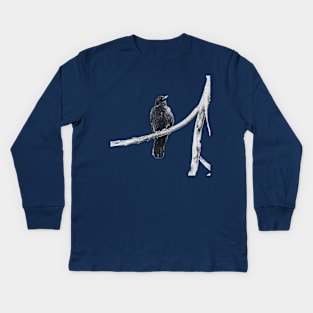 dark drawing of crow on a branch Kids Long Sleeve T-Shirt